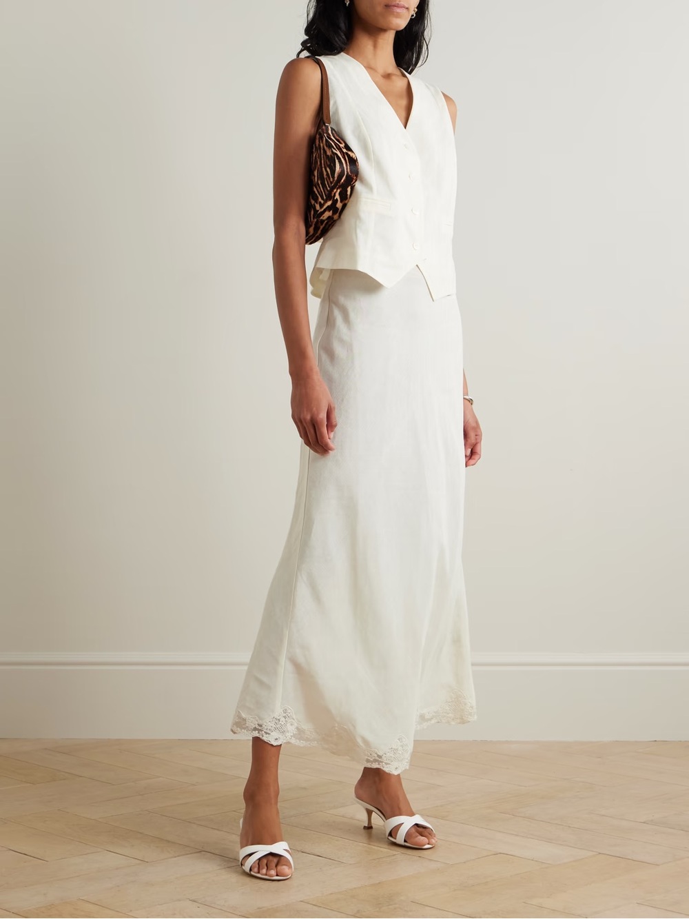 RIXO Crystal Linen Midi Lace-Hem Skirt